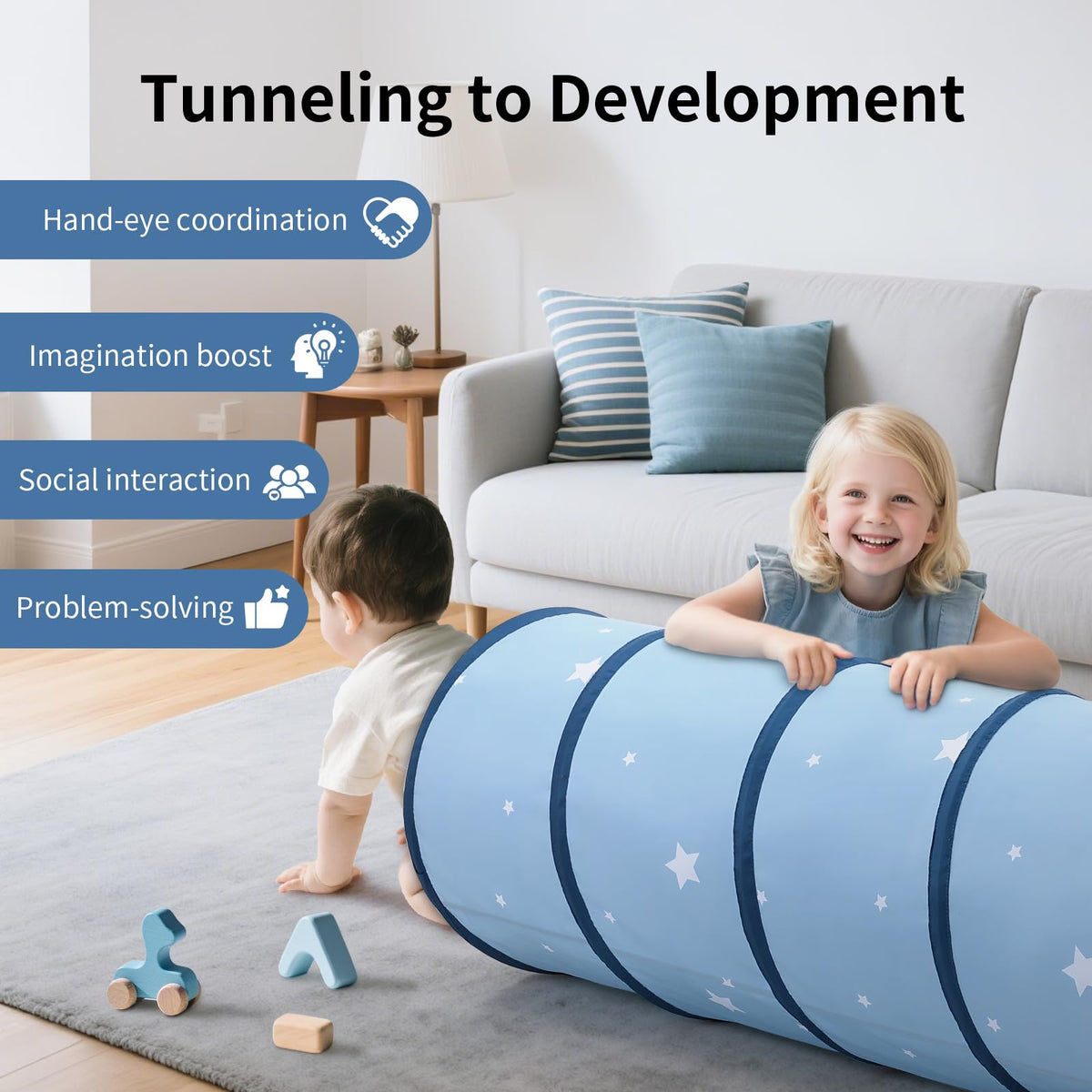 SweHouse Peachskin Tunnel toddler-play image emphasizes safe, fun exploration.