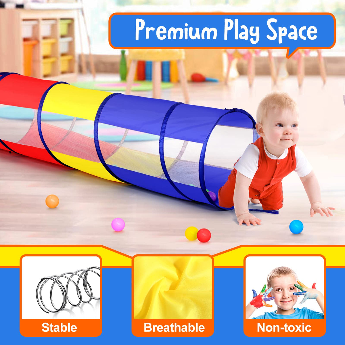SweHouse Tunnel for indoor and outdoor play, ideal for small rooms or yards.