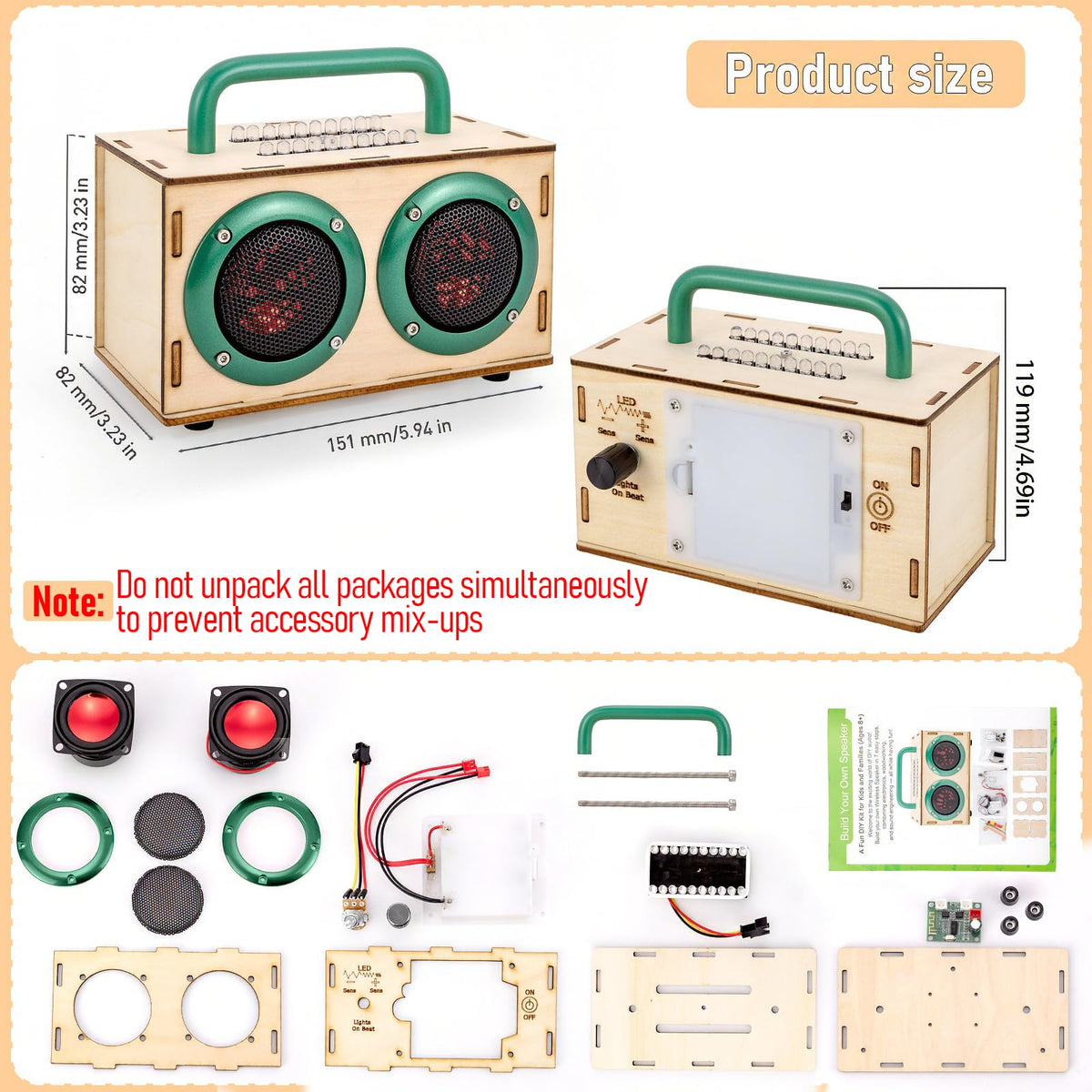 Swhmc DIY Bluetooth Speaker Kit assembly step shows kid-friendly, solder-free setup