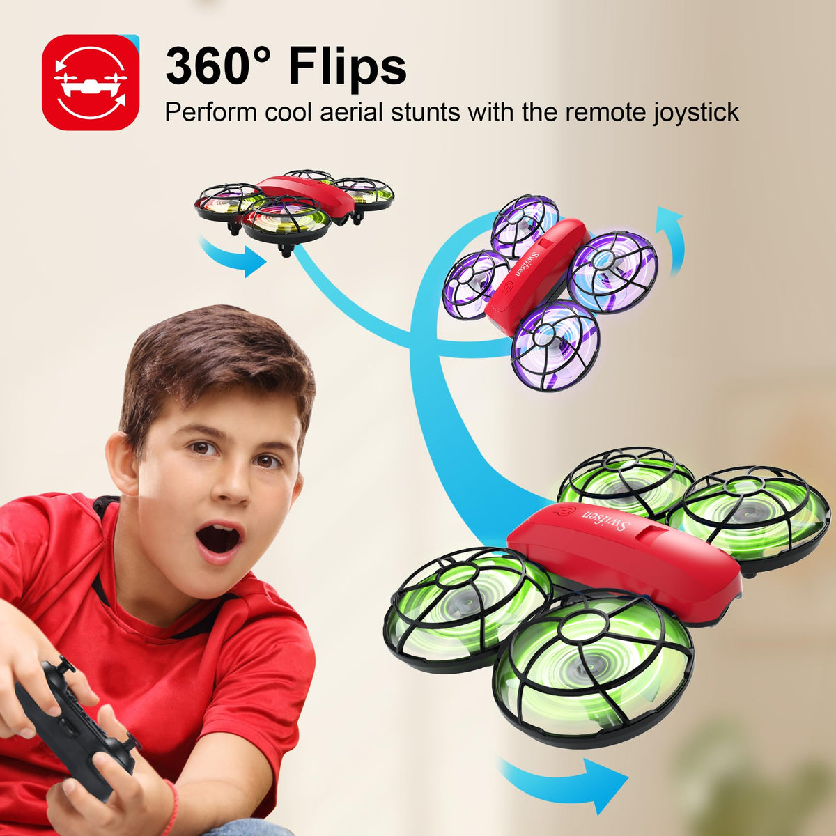 Swifsen Drone performing 3D flips during indoor fun.