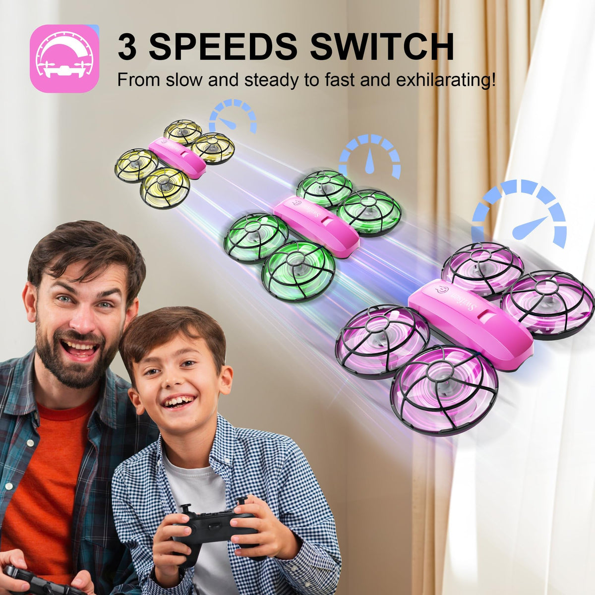 Swifsen Kids Drone LED lights create a bright night flight display.