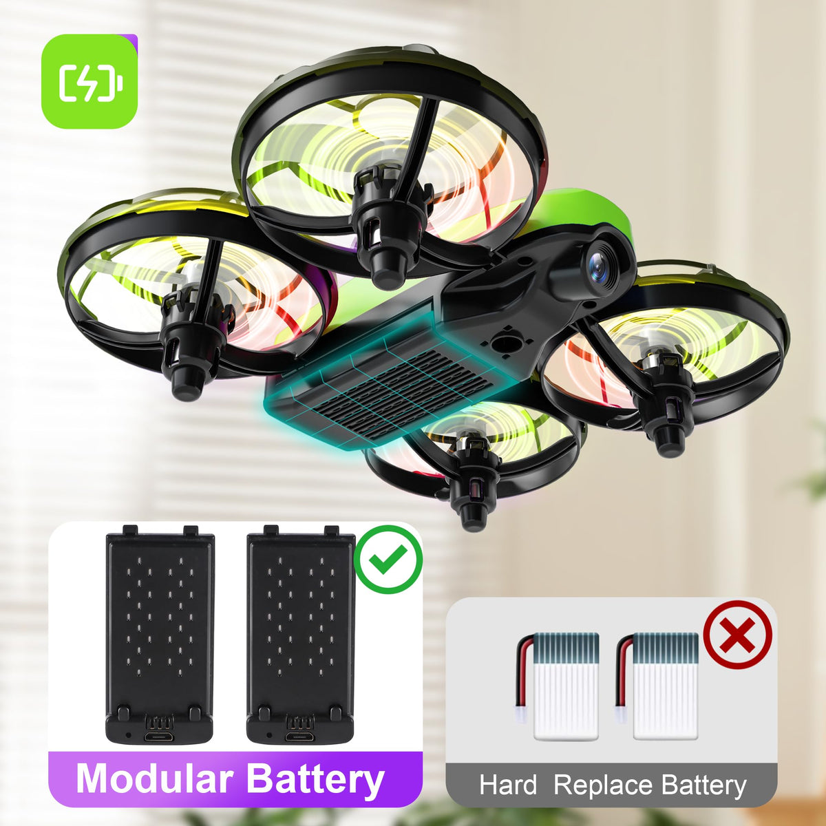 Swifsen kids drone with camera packaging close-up showing included batteries