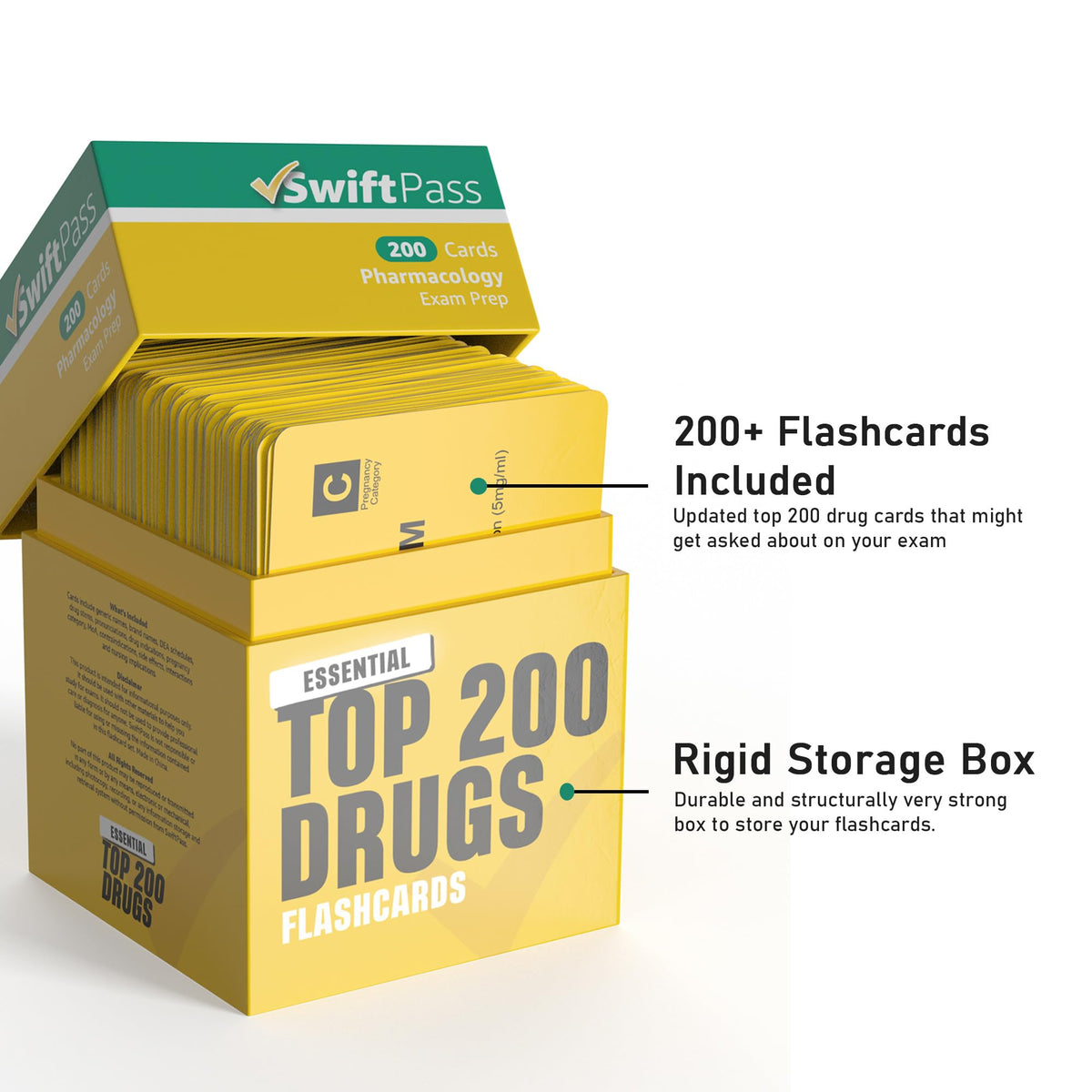 SwiftPass Top 200 Drugs flashcards back cover with classifications and nursing implications.