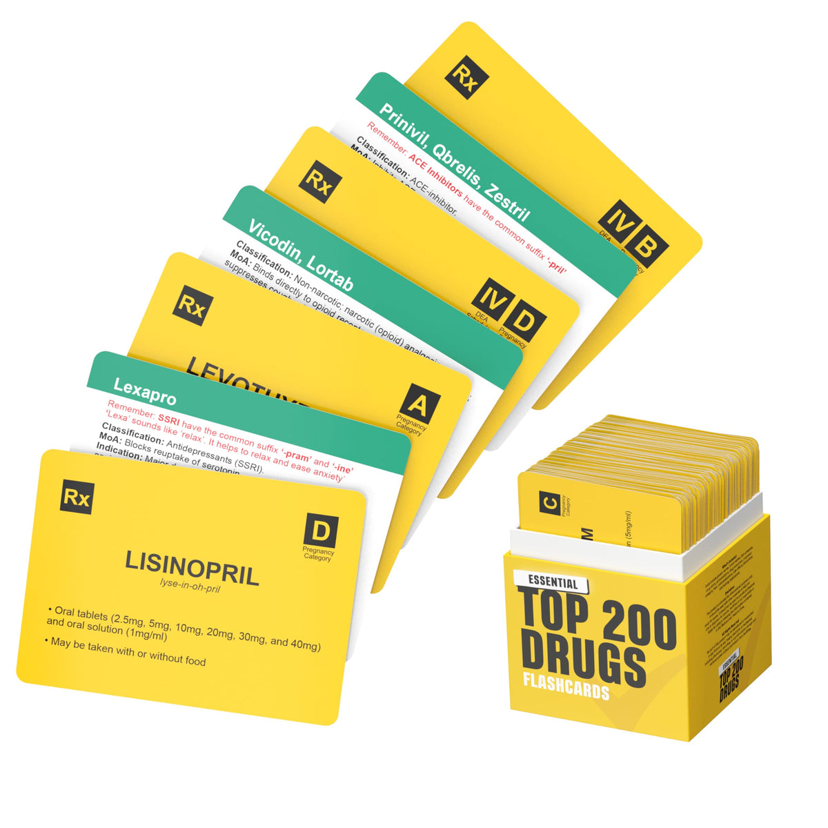 SwiftPass Top 200 Drugs flashcards front view showing essential drug data for quick study.