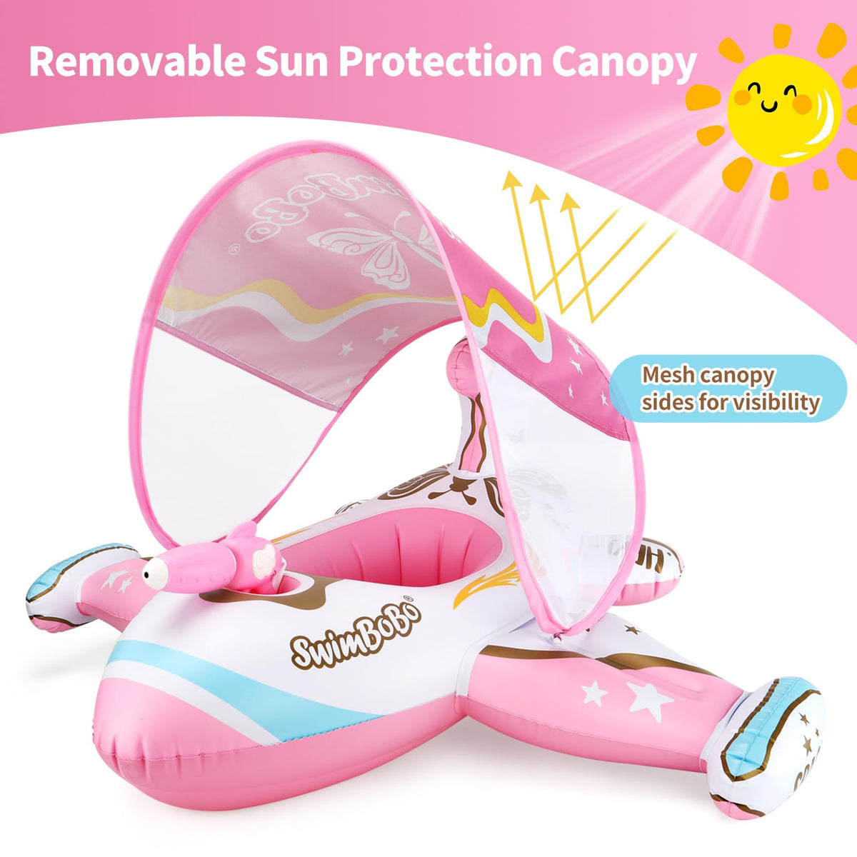 Swimbobo pool float with adjustable sun canopy provides UPF 50 protection and shade.
