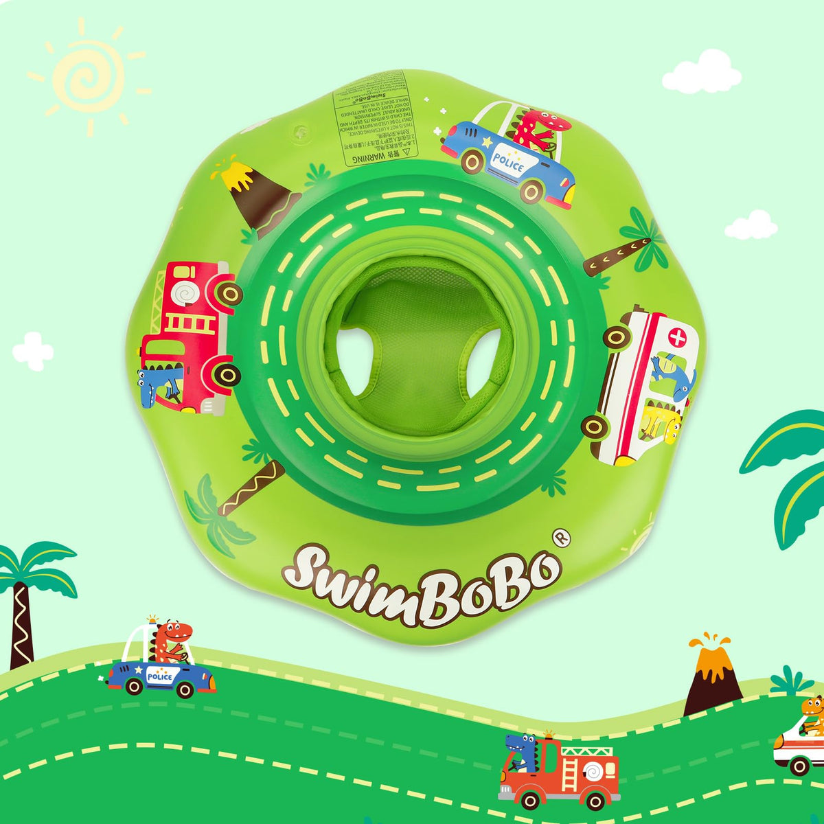 Swimbobo baby float folded for compact storage and travel.