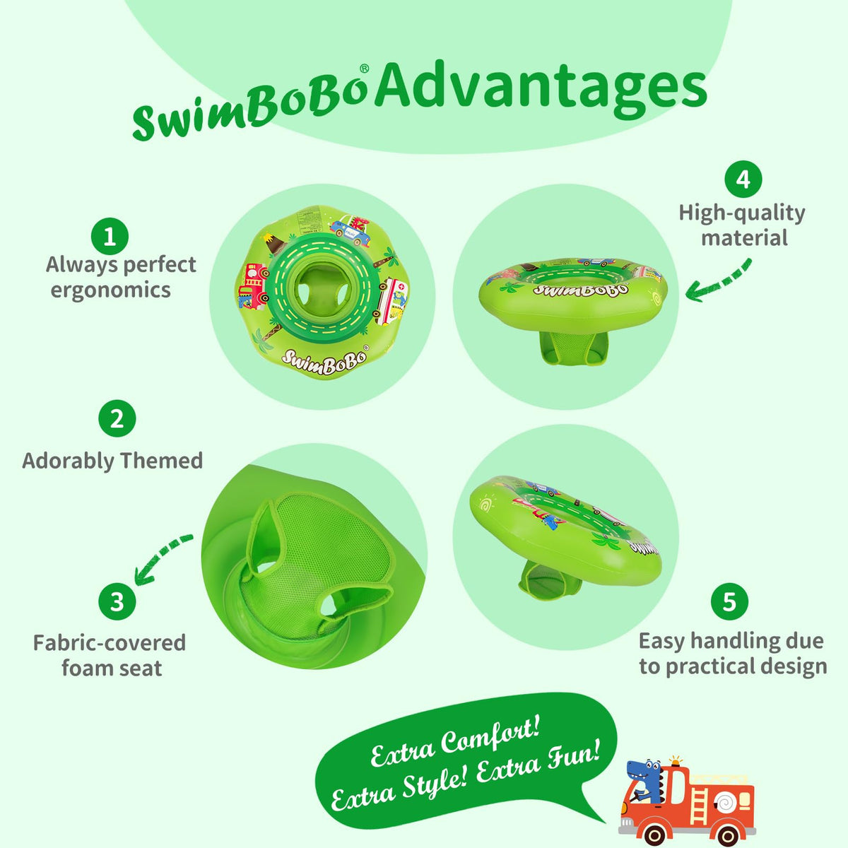 Swimbobo baby float in pool with green jungle dinosaur print.