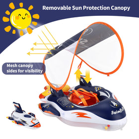 Swimbobo baby swim float with canopy protects baby's skin from sun.