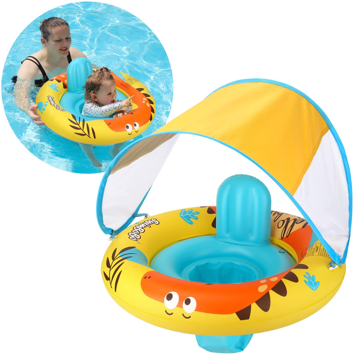 Swimbobo baby float with yellow dinosaur; secure seat for pool time and early water exploration.