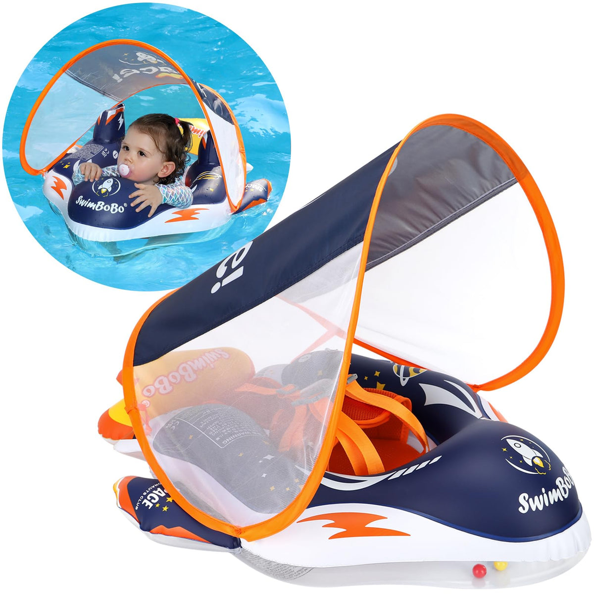 Swimbobo deep blue spaceship float keeps babies buoyant and secure in the pool.