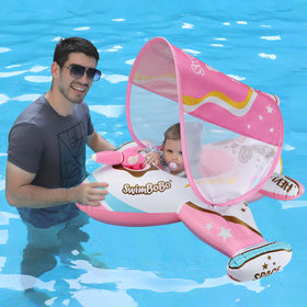 Swimbobo Pink Airplane pool float for toddlers offering buoyant support for water play.