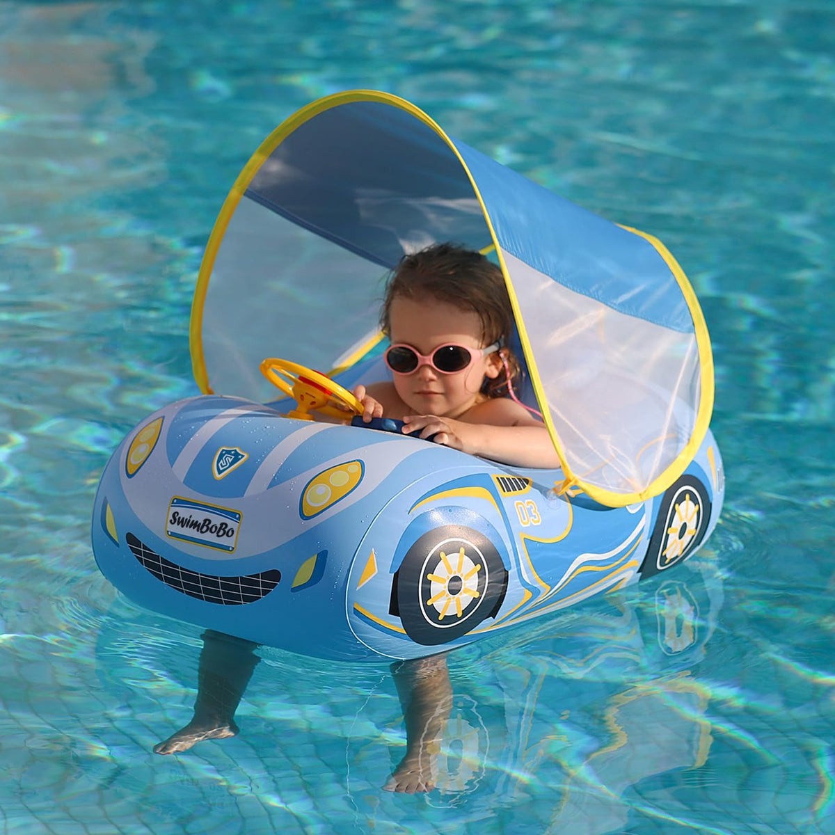 Swimbobo toddler car float front view showing buoyant stability for safe pool fun