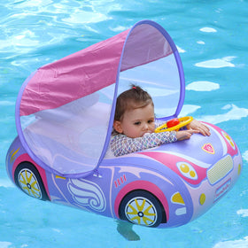 Swimbobo toddler car float with canopy, shaded play in the pool.