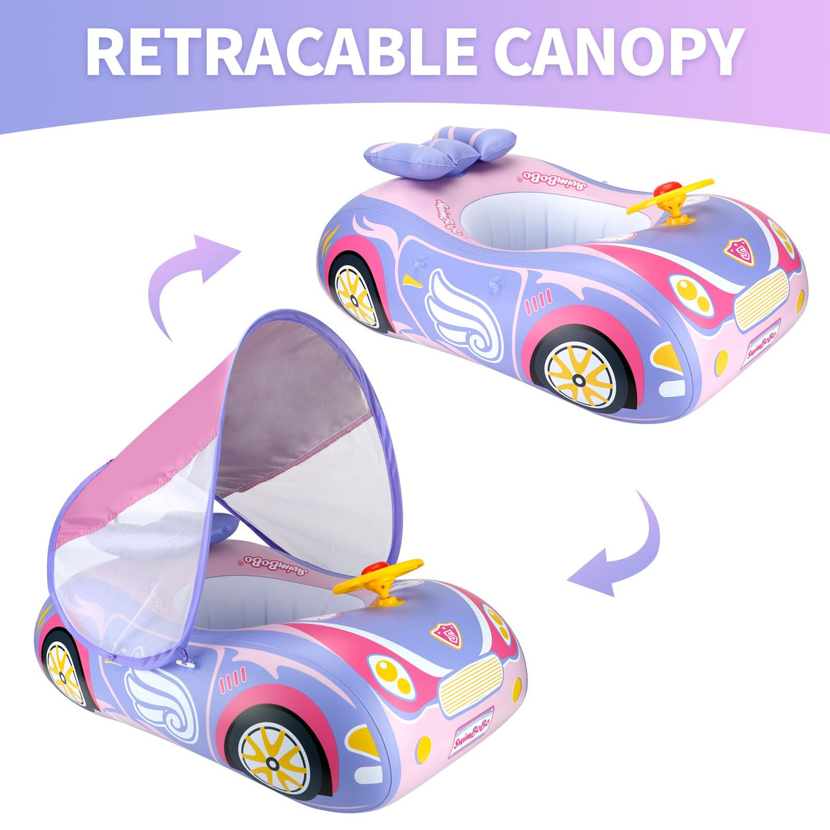 Swimbobo toddler car float showing steering wheel and horn for imaginative fun.