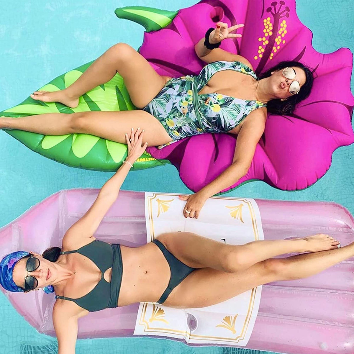 Swimline 70inch diameter hibiscus float provides generous space for one rider.