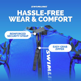 SWIMLINE buoyant zip-up vest worn on child blue illustrating comfortable movement
