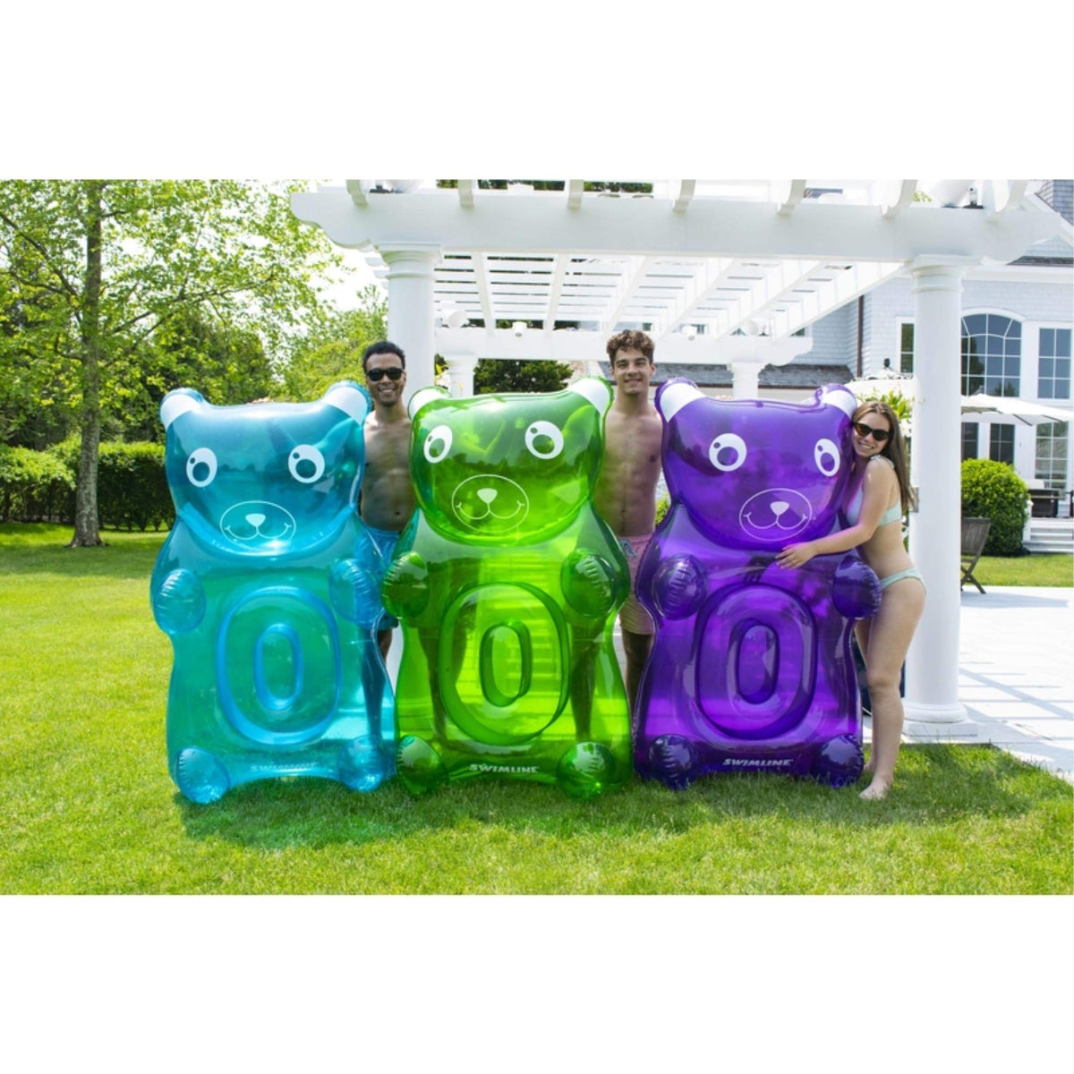 Swimline gummy bear pool float front view for lounging and playful water fun