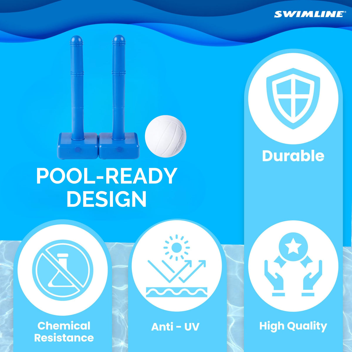Two heavy-duty Swimline side posts stabilizing the net