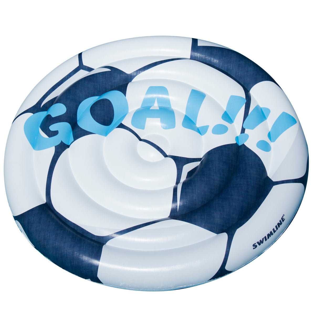 Swimline inflatable soccer ball ride-on pool float, blue and white, spacious surface for pool lounging.