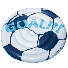 Swimline inflatable soccer ball ride-on pool float, blue and white, spacious surface for pool lounging.