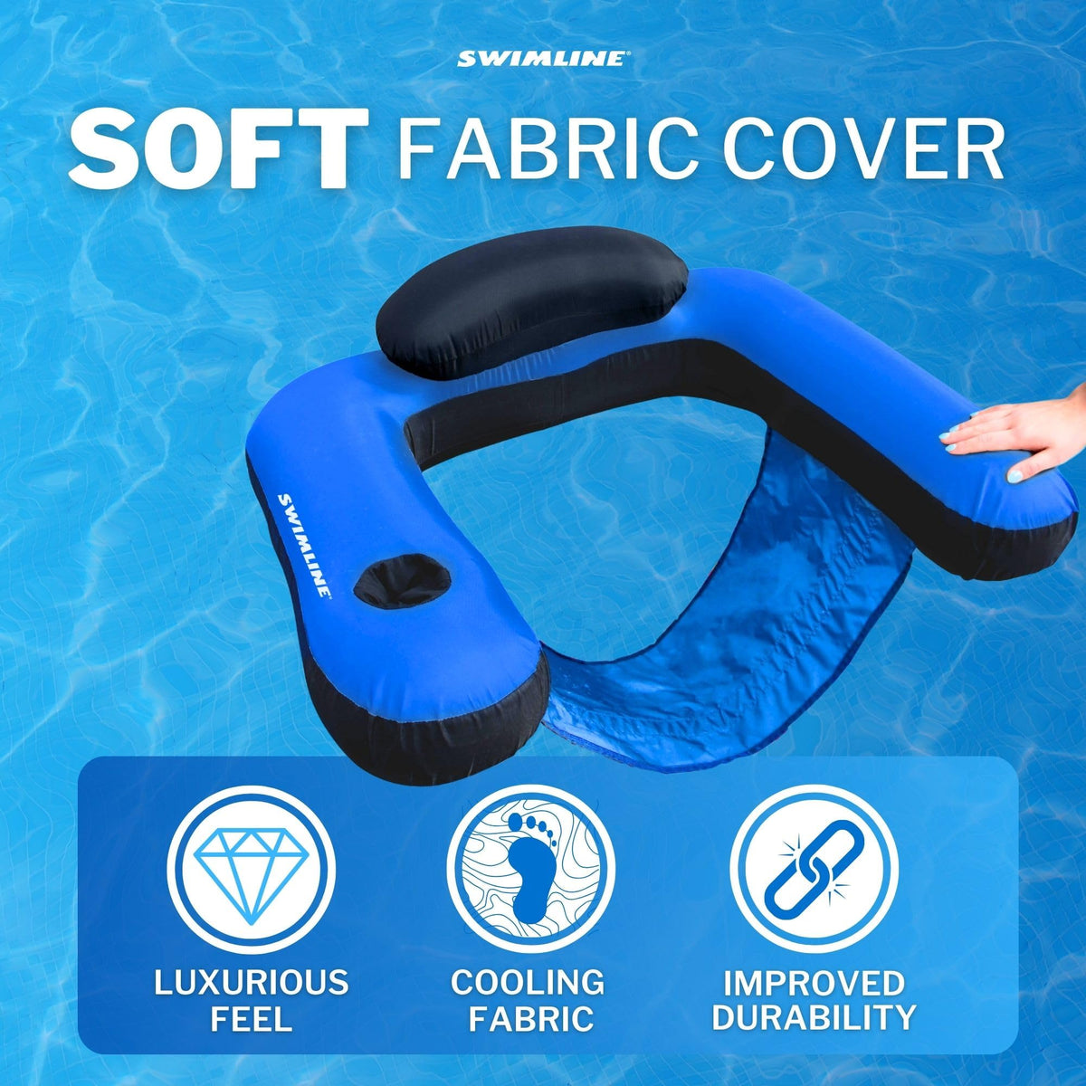 Swimline U-seat lounger with cupholder keeps drinks within reach on water.