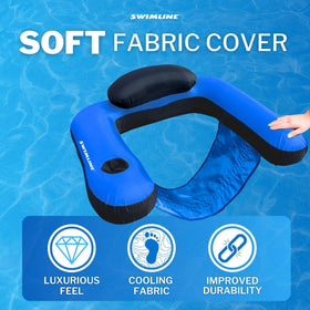 Swimline U-seat lounger with cupholder keeps drinks within reach on water.