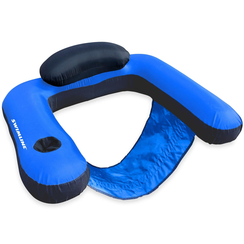 Swimline fabric-covered U-seat lounger with soft cover for relaxing pool days.