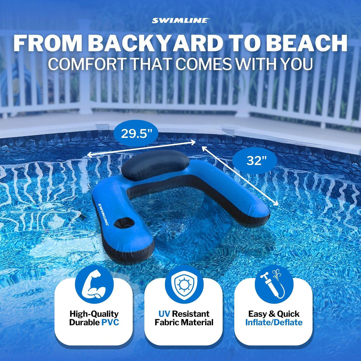 Swimline durable vinyl, dual-chamber U-seat lasts season after season.