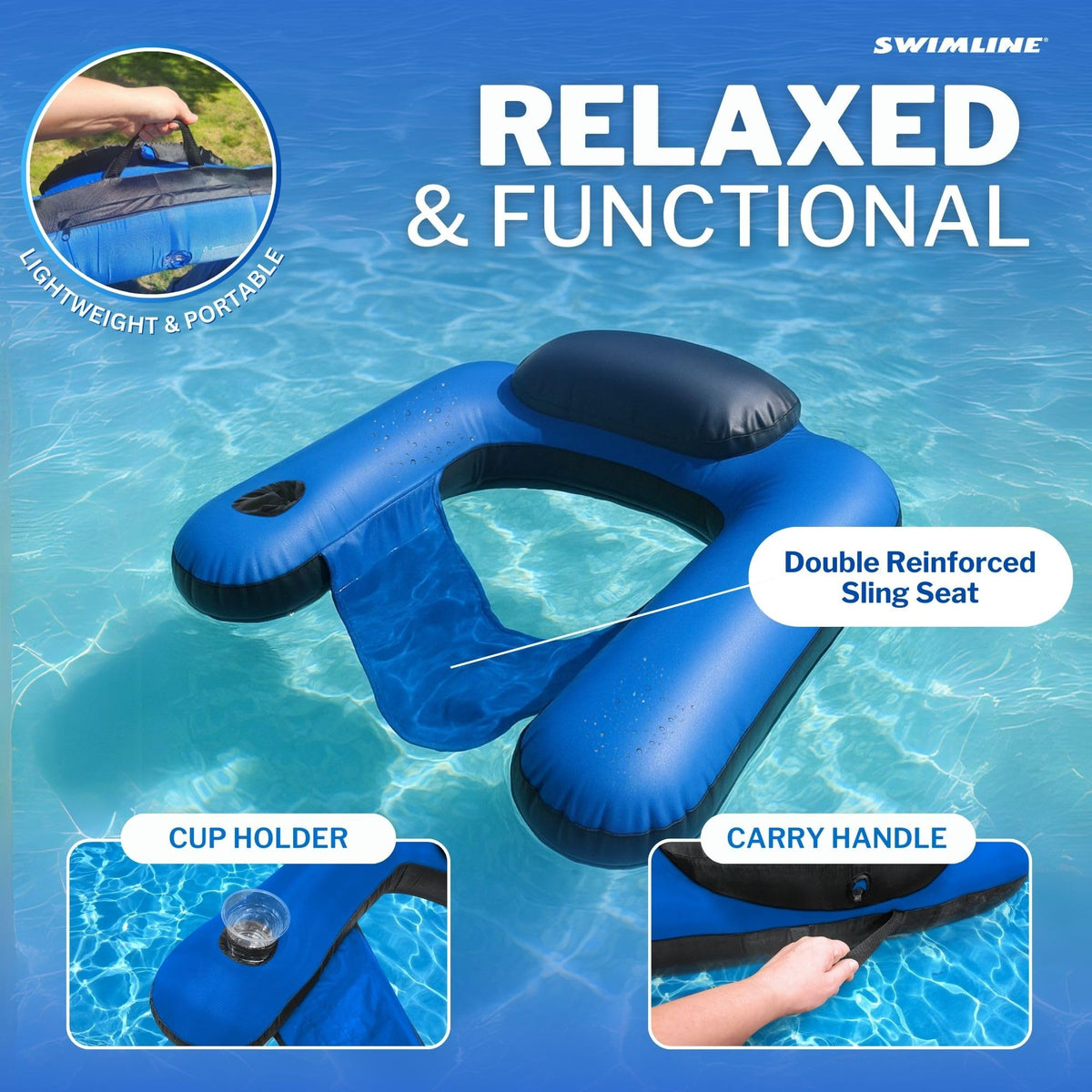 Swimline sling-seat design for stable, comfortable seating on the water.