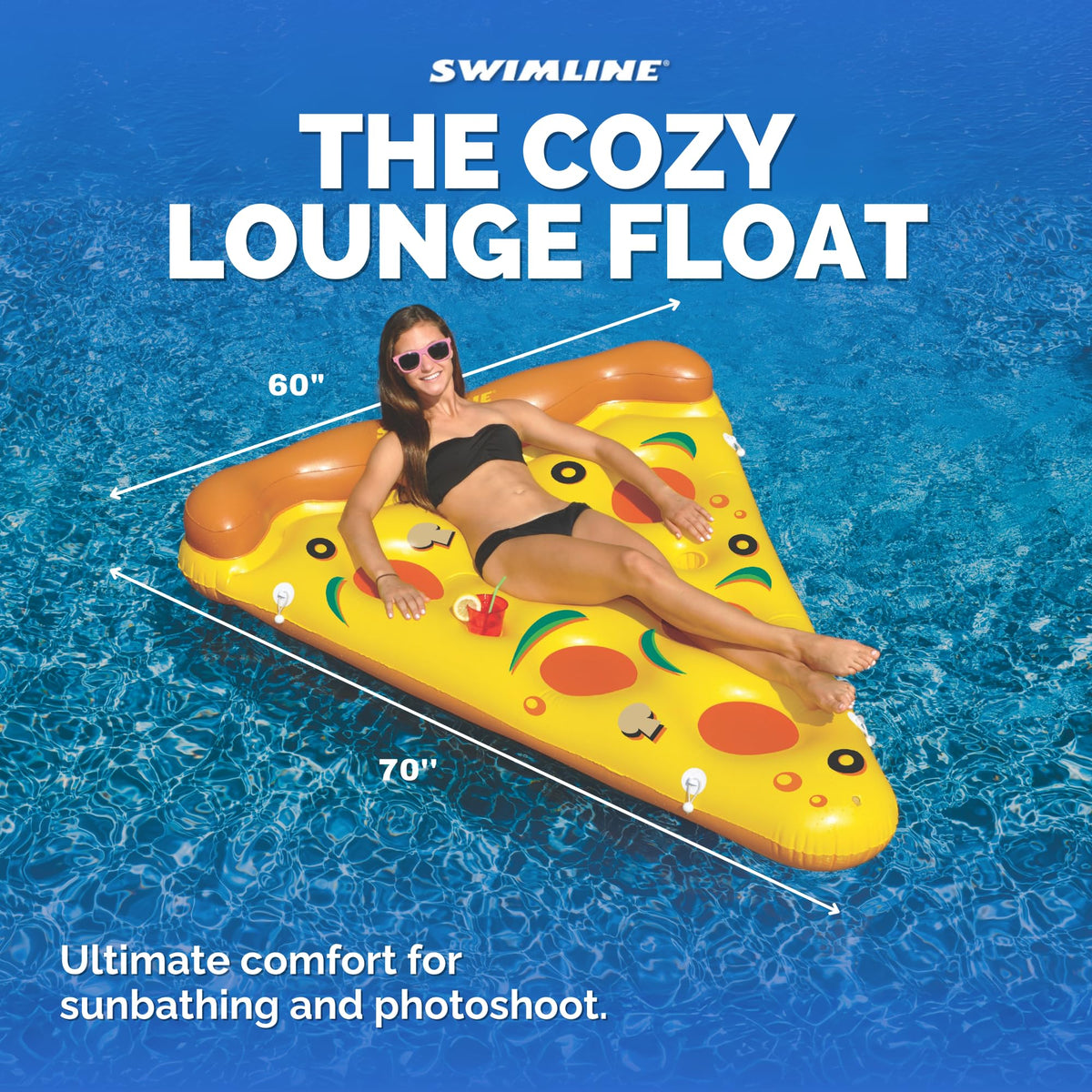 Swimline pizza slice float with built-in cupholders for sipping by the water.