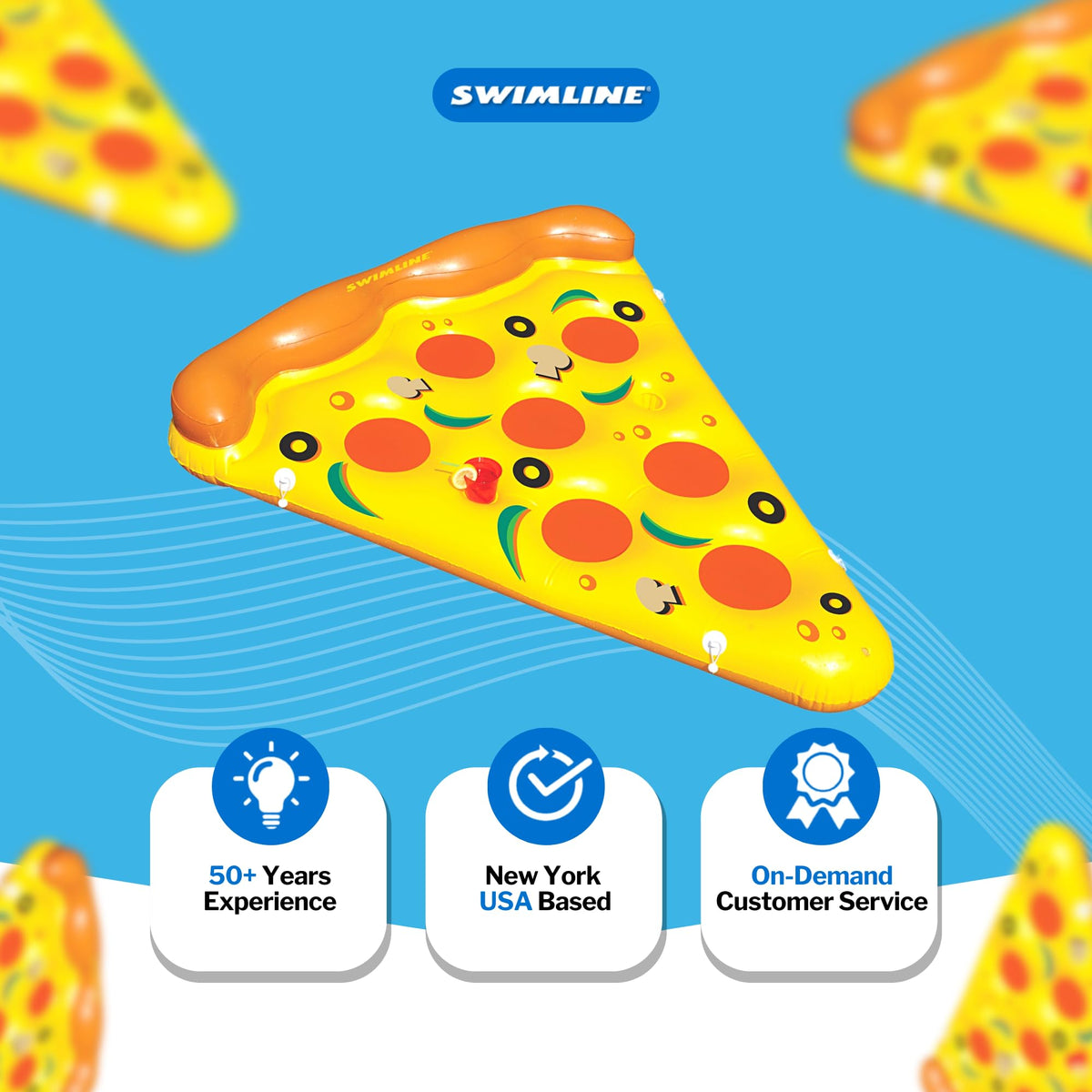 Swimline pizza slice float measures 76 by 62 by 12 inches.