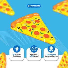 Swimline pizza slice float measures 76 by 62 by 12 inches.