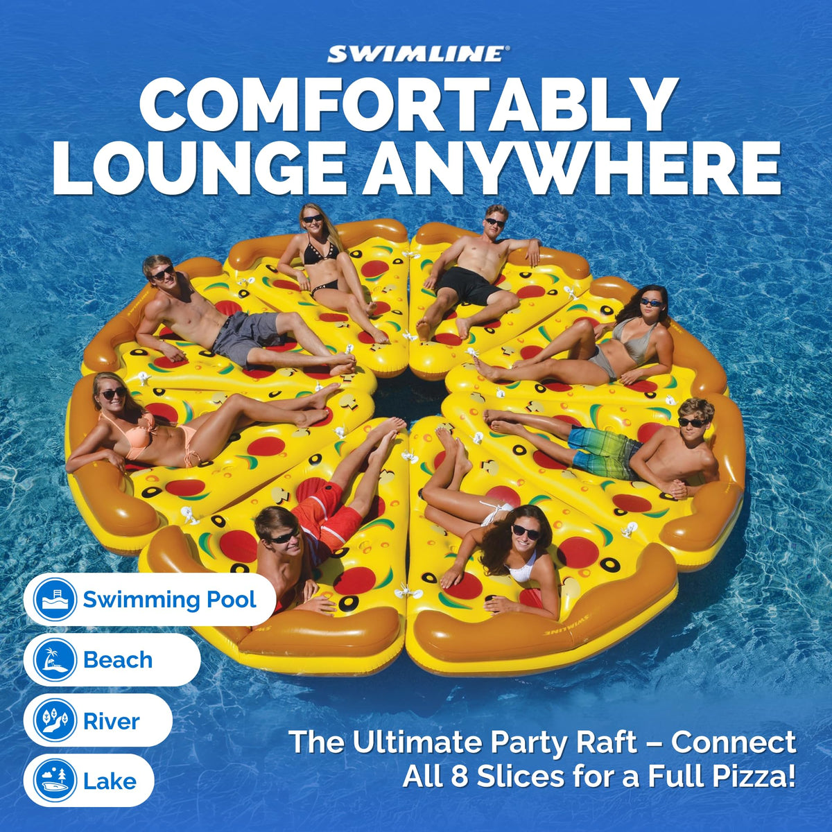 Swimline pizza slice float made of UV-resistant vinyl for longer pool season.