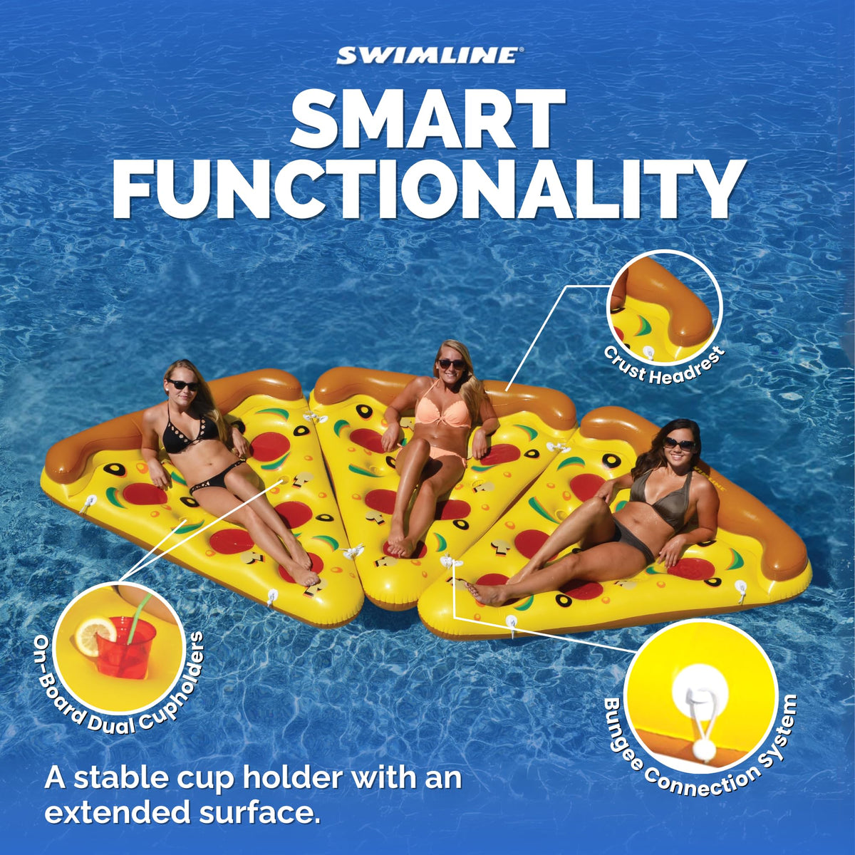 Swimline pizza slice float connected with bungee system for expandable pool setups.