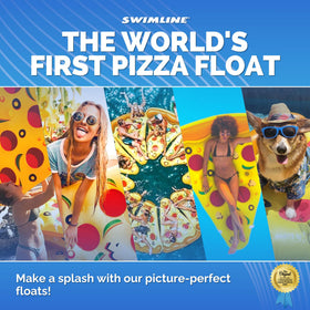 Swimline pizza slice float patch kit included for quick on-site repairs.