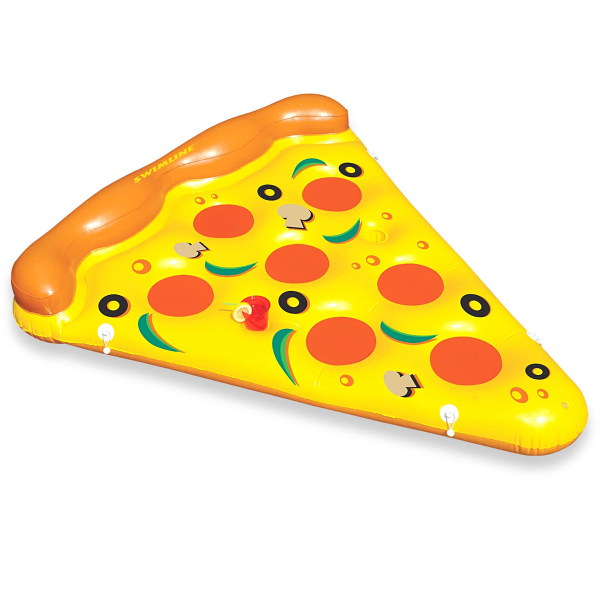 Swimline pizza slice float top view with vibrant multicolor design for relaxed pool lounging.