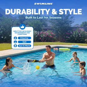 Swimline poolside batting drills demonstrated for easy outdoor family fun.