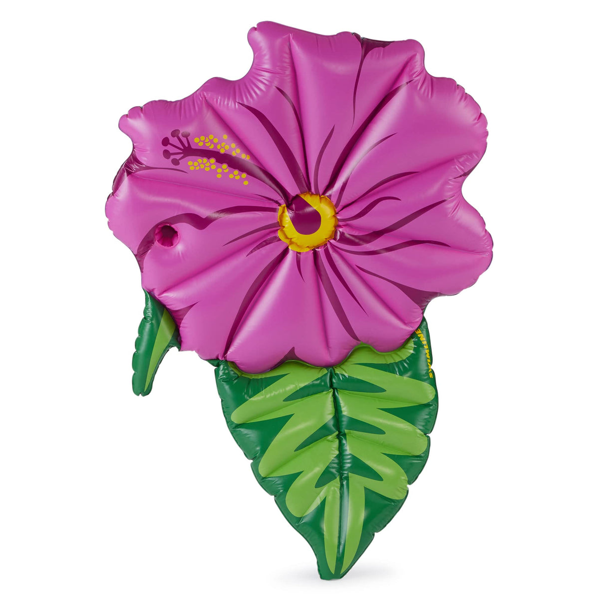 Swimline hibiscus float with purple petals adds stylish poolside comfort for one rider.