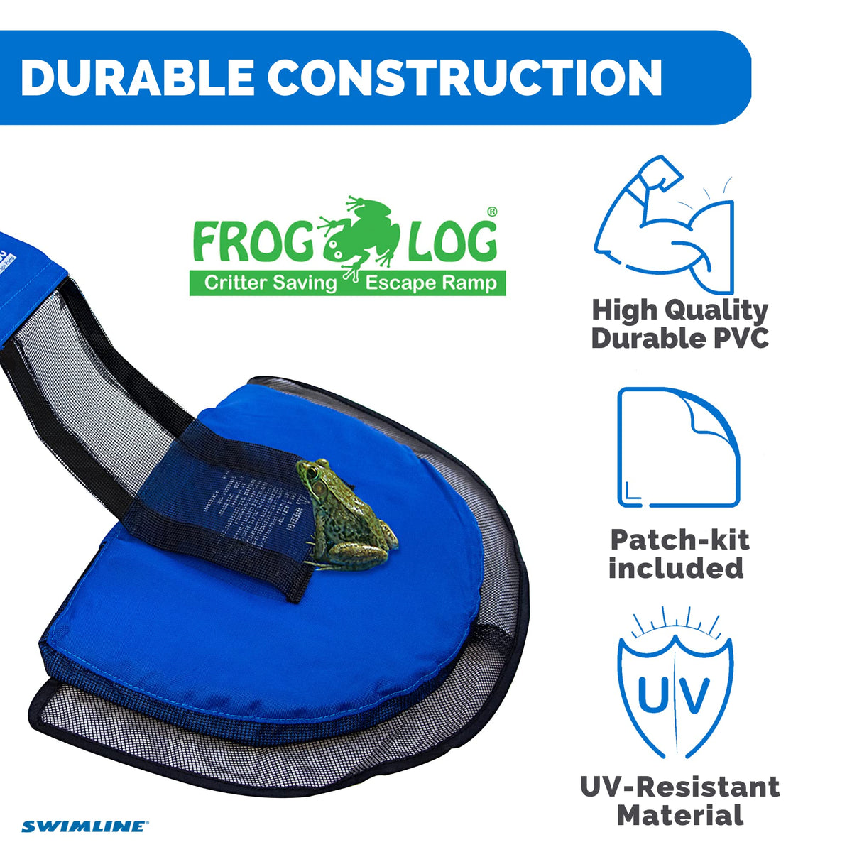 Durable, reinforced stitching on Swimline FrogLog for season-long outdoor use.