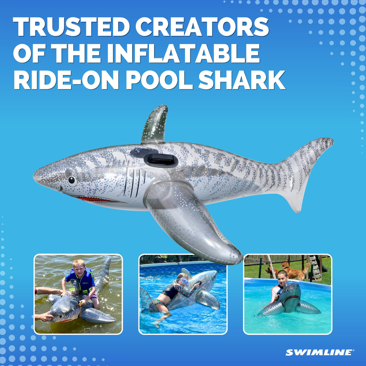 SWIMLINE Shark float with repair kit—quick fixes for continued seaside adventures.