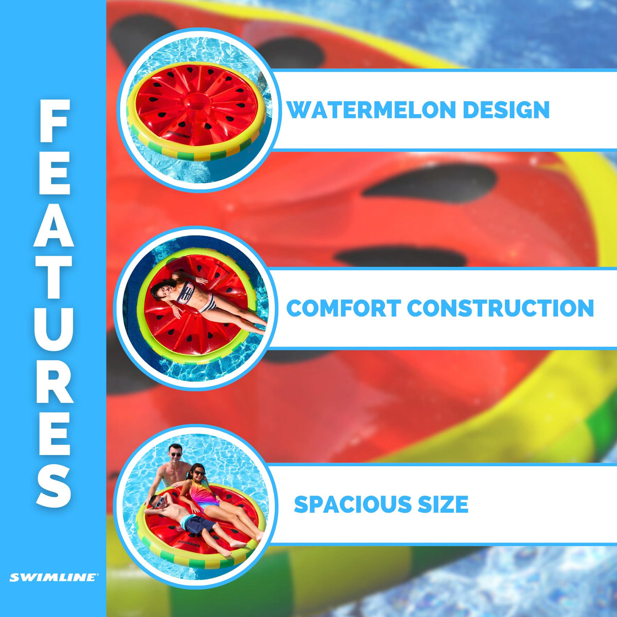 Swimline Watermelon Slice close-up shows UV resistant vinyl and patch kit