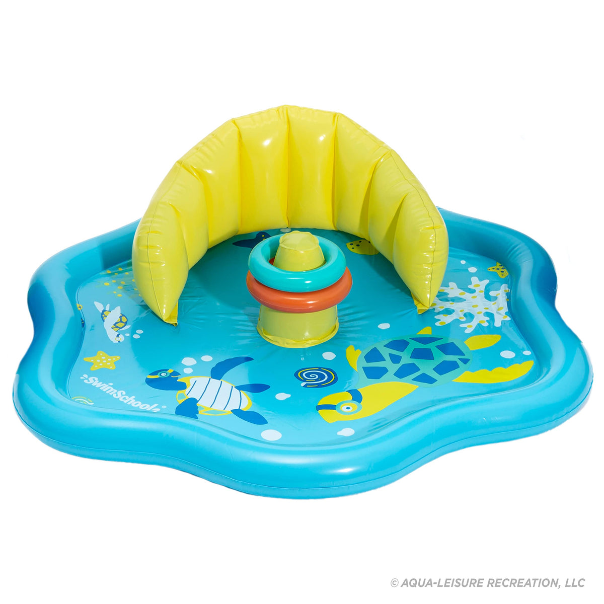 SwimSchool inflatable mat measures 28 inches for a roomy baby play area