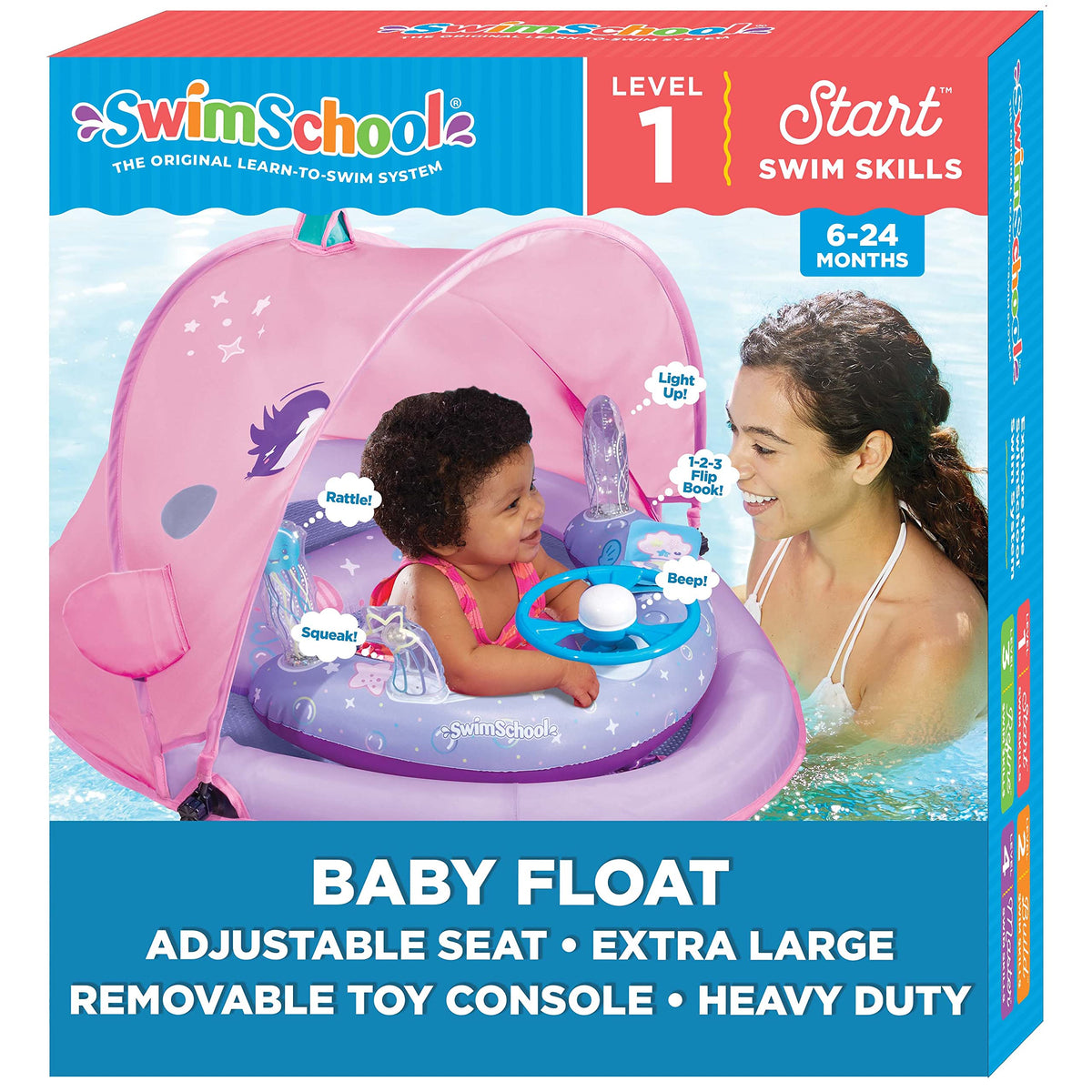 SwimSchool baby pool float with adjustable canopy for sun protection and stability