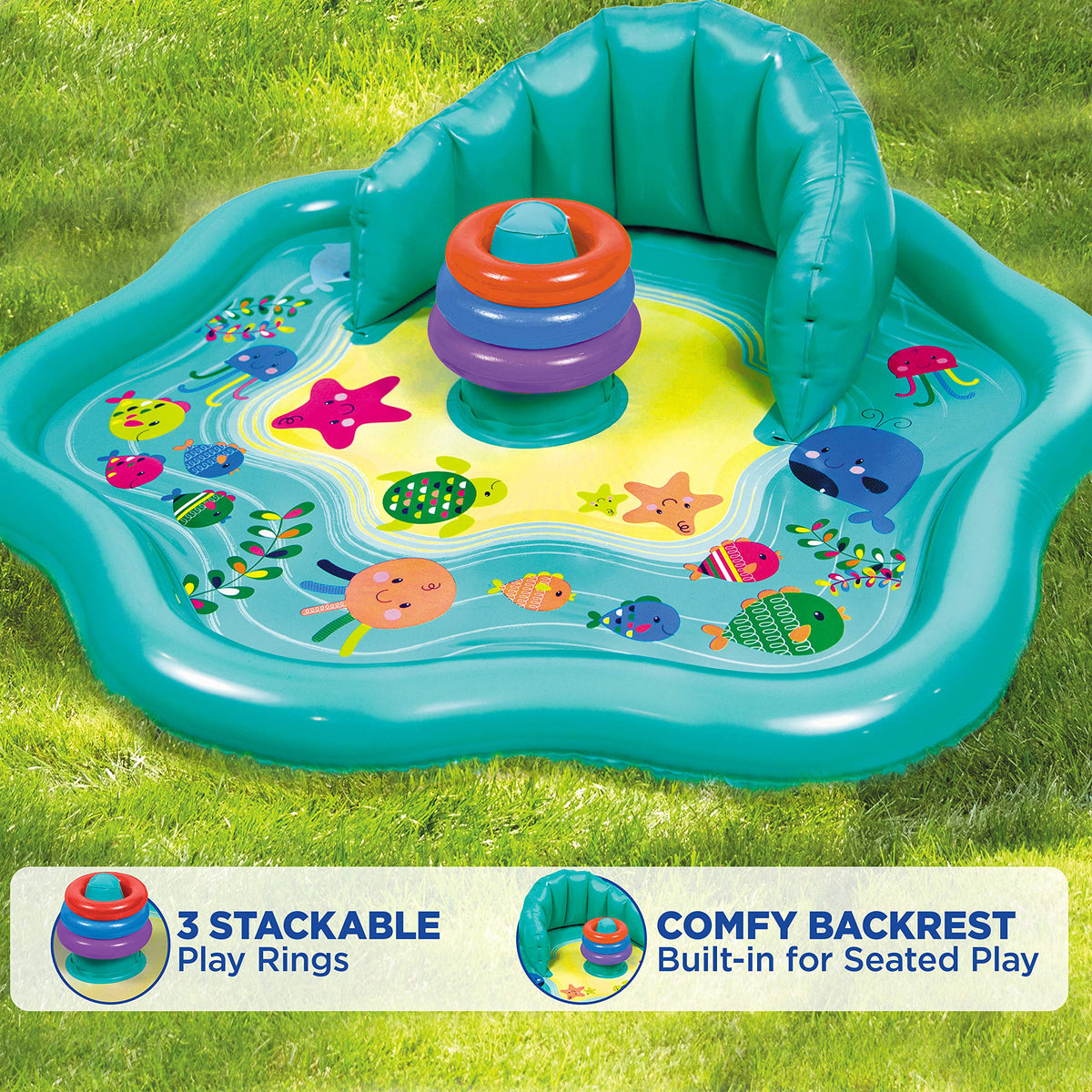 SwimSchool baby splash mat backrest provides stable, comfy play support