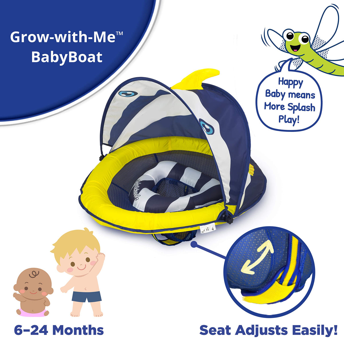 SwimSchool Deluxe Baby Float adjustable canopy provides 120-degree sun coverage