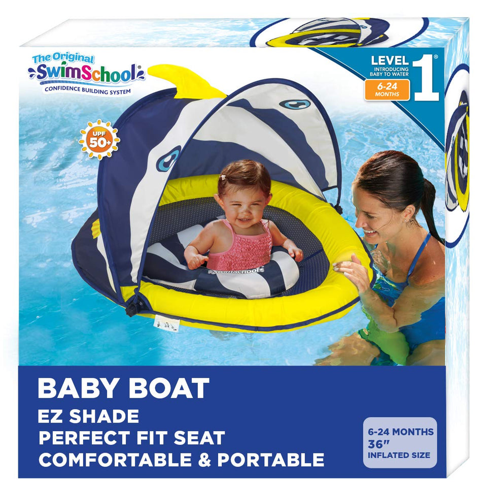 SwimSchool Deluxe Baby Float with adjustable seat keeps baby secure in the water