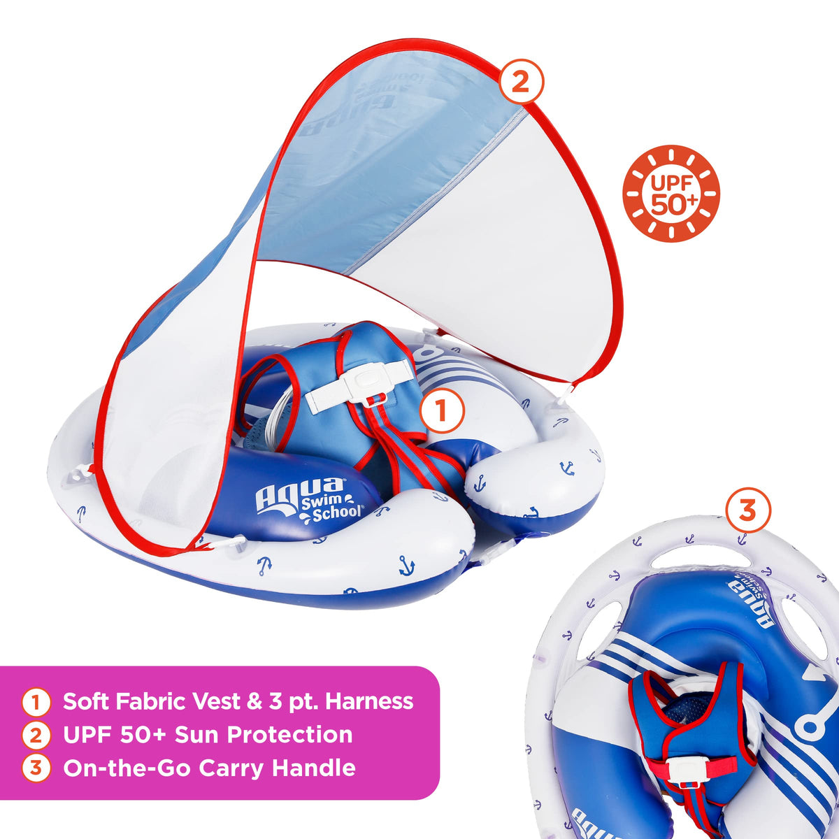 SwimSchool Freestyle adjustable-seat baby float for active kicking and stability.