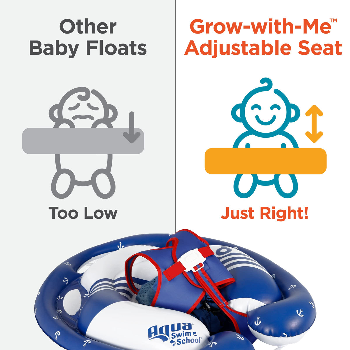 SwimSchool Freestyle baby float inflates to 27 inches for buoyant support.
