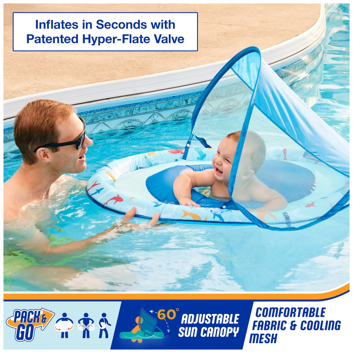 SwimWays Baby Spring Float Canopy provides sun shade while keeping eye contact.