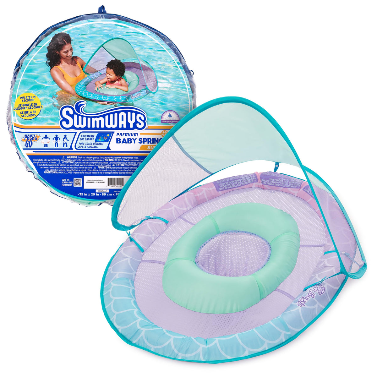 SwimWays Mermaid canopy on Baby Spring Float provides sun protection for safe splashing